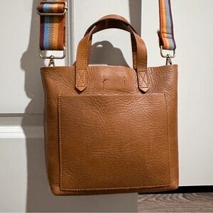 Madewell Small Brown Leather Transport Tote Crossbody with rainbow strap